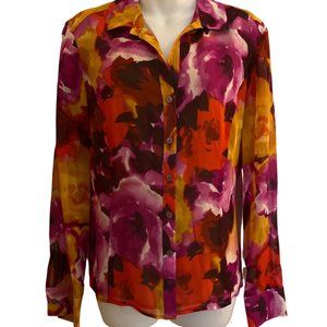 Jones New York Women's Size 12P Silk Long Sleeve Button Down Shirt yellow purple